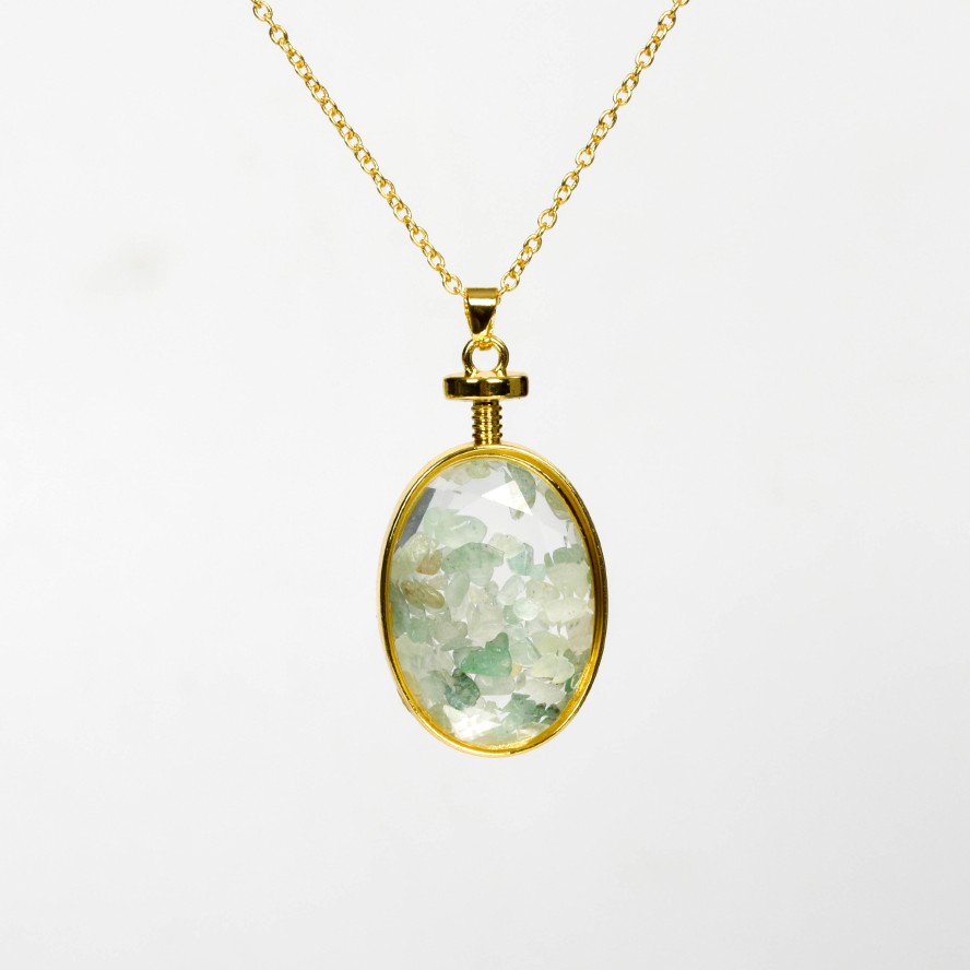 Crystal Chips In Oval Glass Pendant Necklace